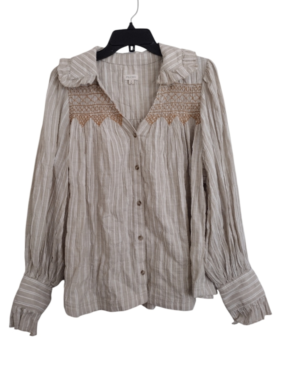 Pilcro Beige Oatmeal Stripe Button Up Blouse Smocked Embroidered Yoke Sz Medium